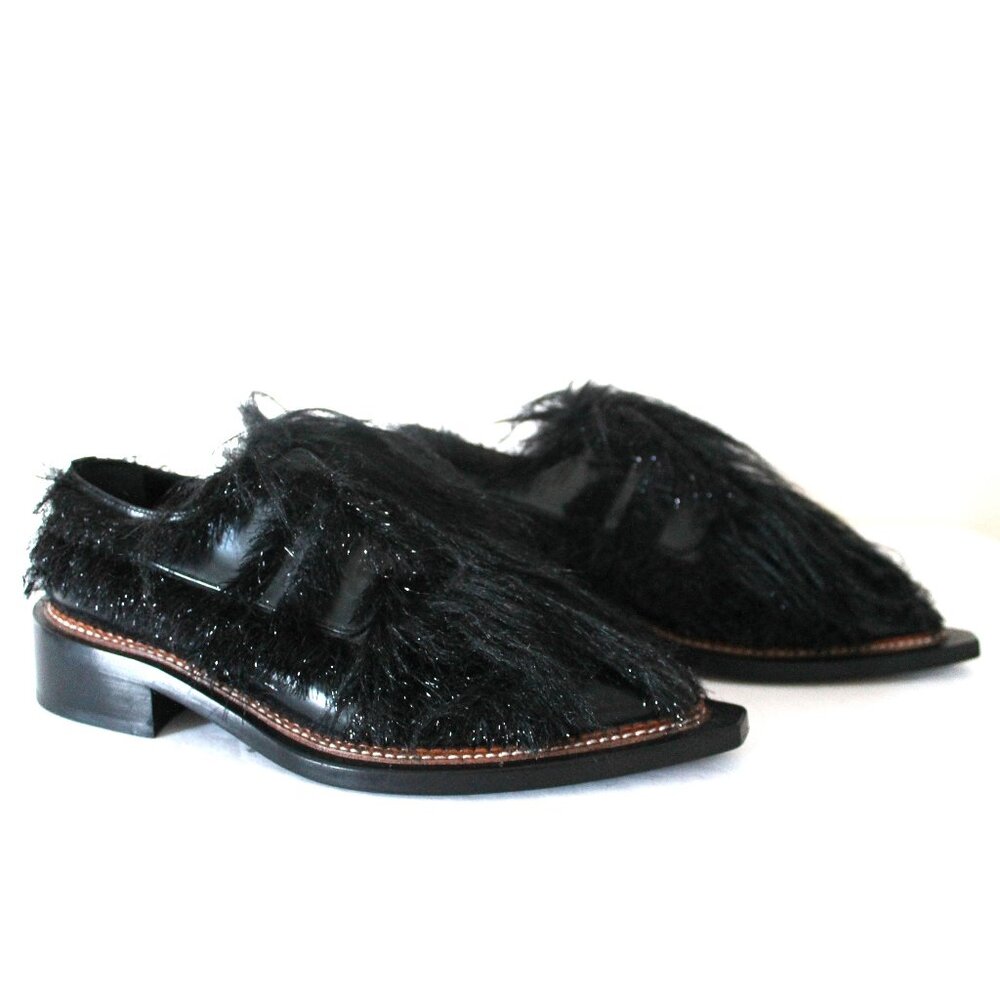 Simone Rocha Tinsel Faux Fur Leather Brogues / Size 38 / Jet Black Runway Chunky